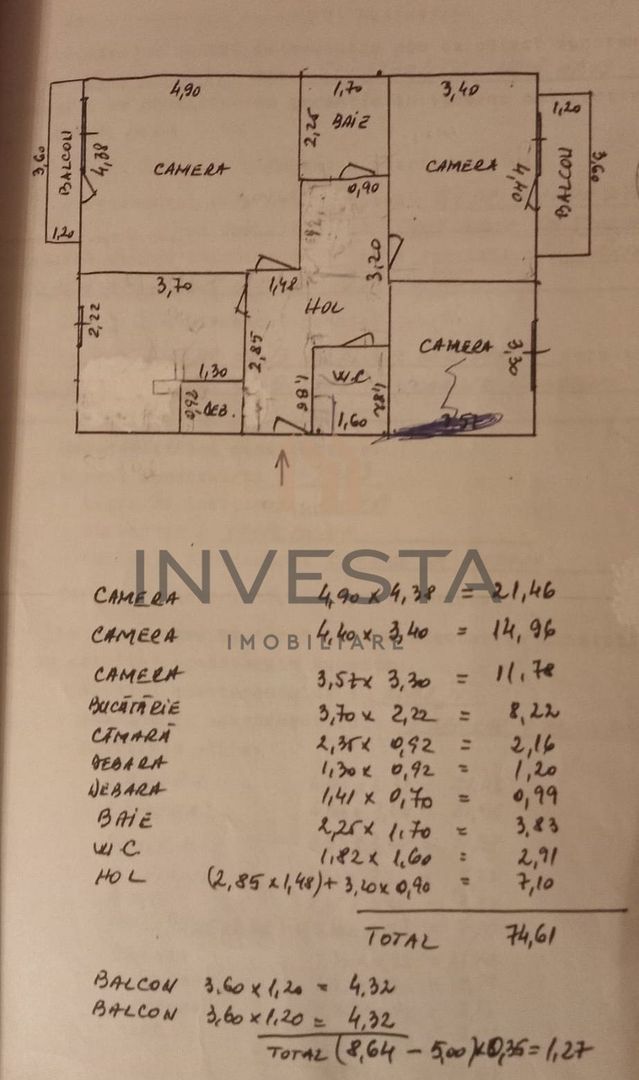 3 camere decomandate, 78 mp, Scortarilor–ideal locuinta sau investitie - Schiță 9
