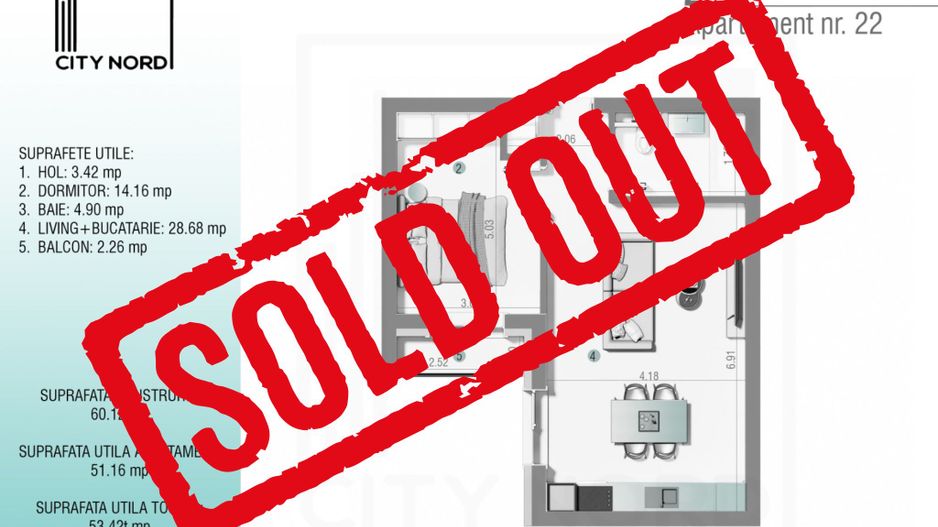 Apartament 22 / 34 – 2 camere – 51.2 mp – Balcon – Etaj 1 / Etaj 2 - Poză 1