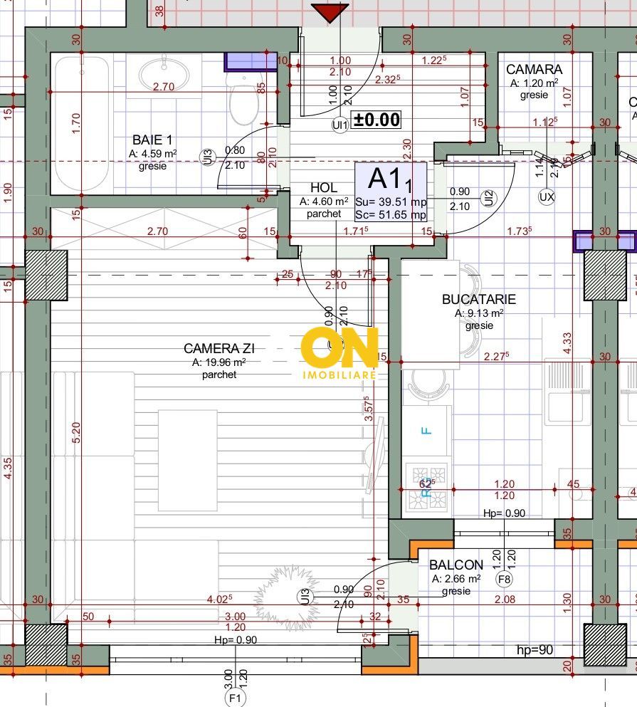 Apartament cu 1 camera, 42 mp utili, cu balcon, etaj 1, bloc nou - Schiță 7
