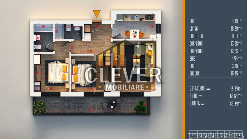 Apartament 3 camere decomandat | Balcon 15 mp - Pallady - Schiță 10