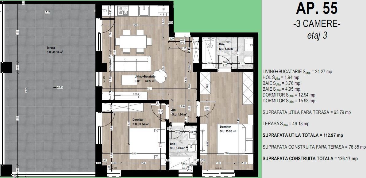 Apartament 3 camere Otopeni + terasă 50 mp - BEST DEAL! - Schiță 7