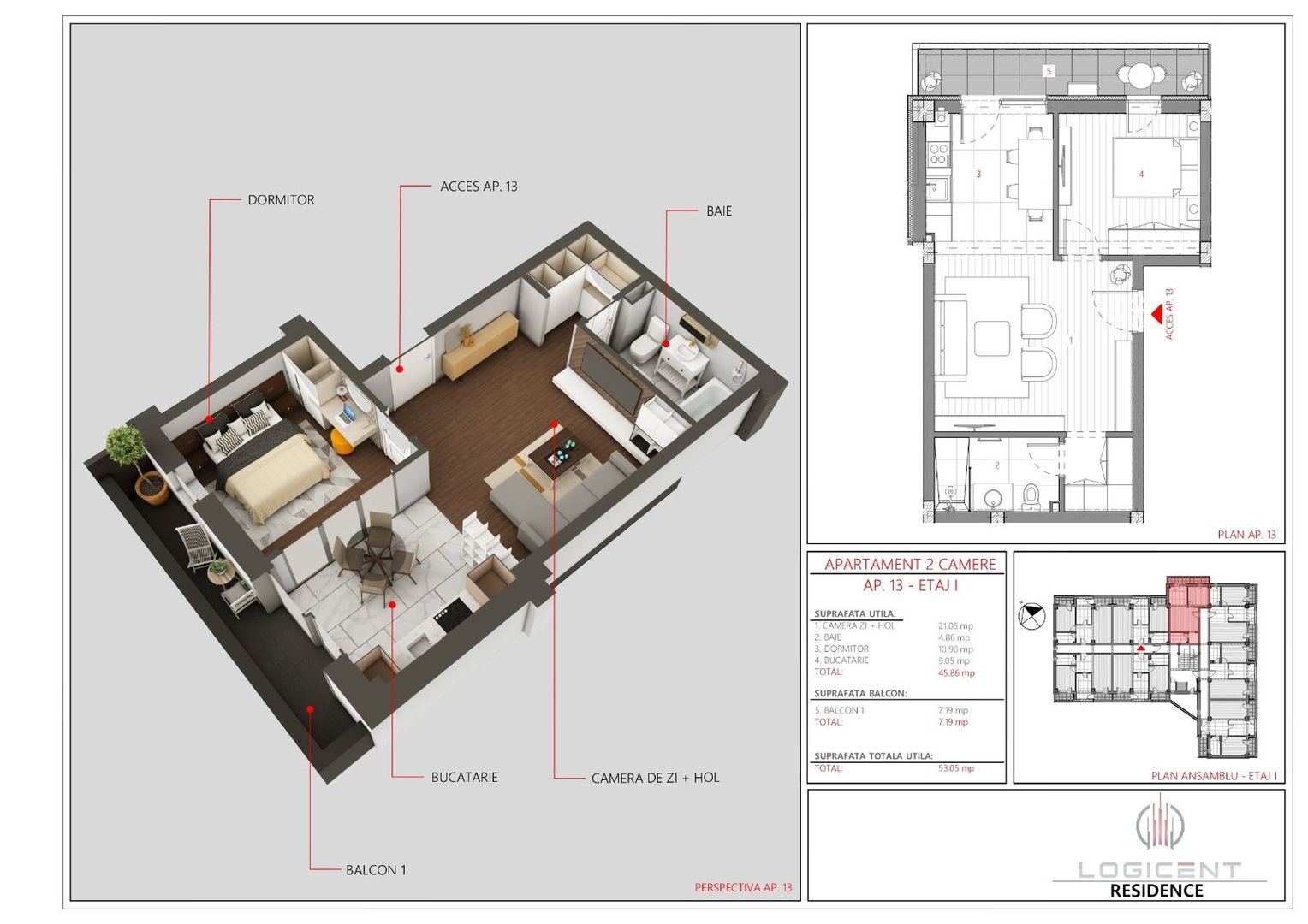 APARTAMENT tip STUDIO - 2 camere, ETAJ 1, cu parcare, Complex LOGICENT; - Poză 1