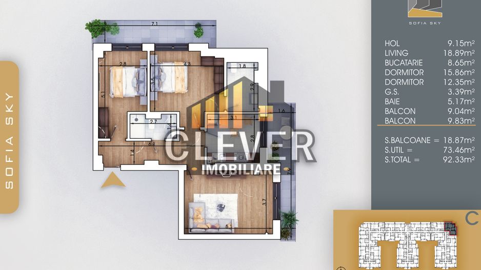 Apartament 3 camere - Pallady-Incalzire in Pardoseala - Schiță 6