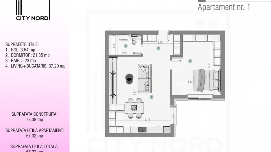 Apartament 1 – 2 camere – 67.3 mp – Parter - Poză 1