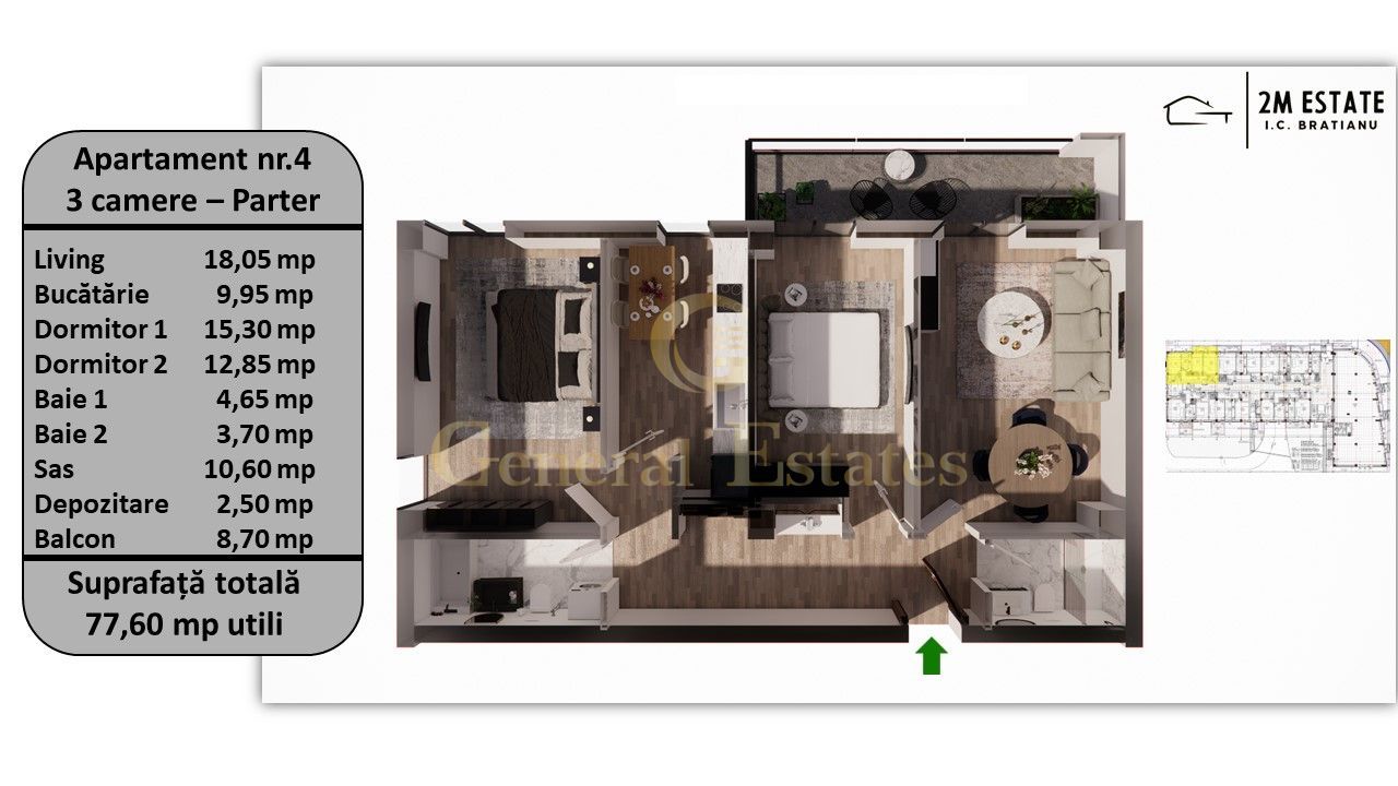 Apartament 3 camere, 75 mp utili + balcon, orientare Sud-Vest - Poză 1
