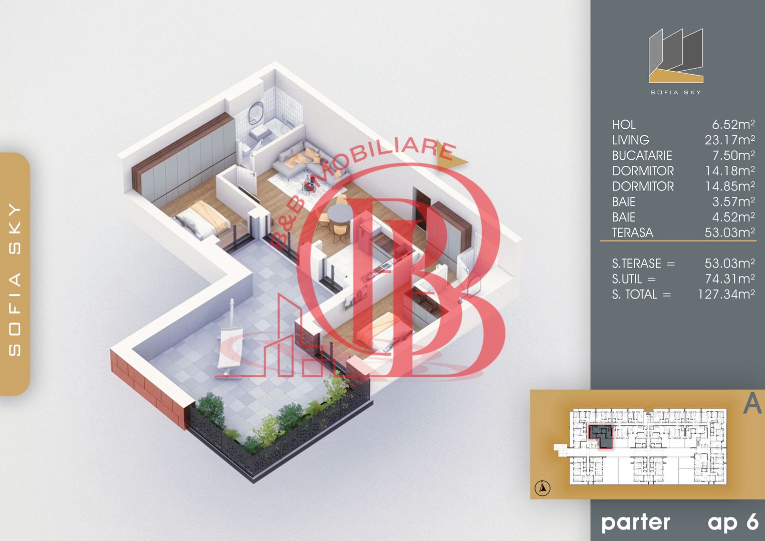 3 Camere-Terasa 53mp-7min Metrou Teclu-Direct Dezvoltator - Schiță 2
