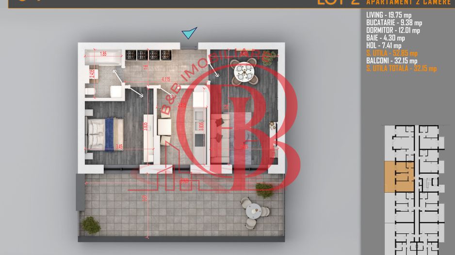 Apartament superb 2 camere cu terasa - Pallady Metrou Teclu - Schiță 2