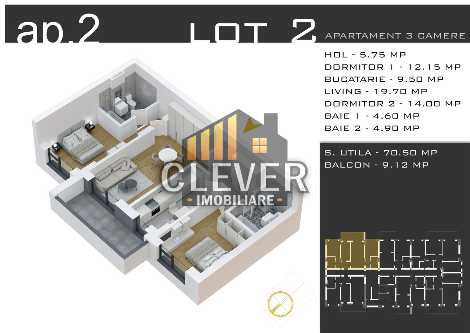 Apartament nou 3 camere 80 mp, parcare inclusă - Pallady - Schiță 14