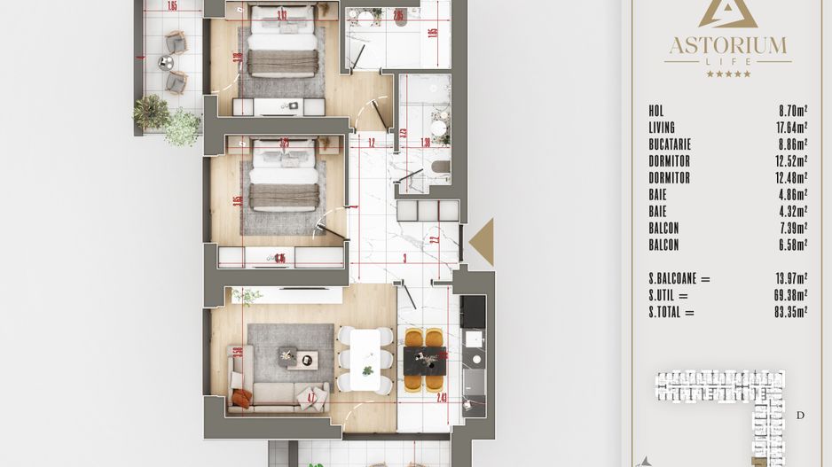 3 camere izolatie fonica intre apartamente proiect premium - Schiță 1