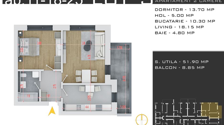 2 camere decomandat -parcare inclusa -Pallady - Schiță 7