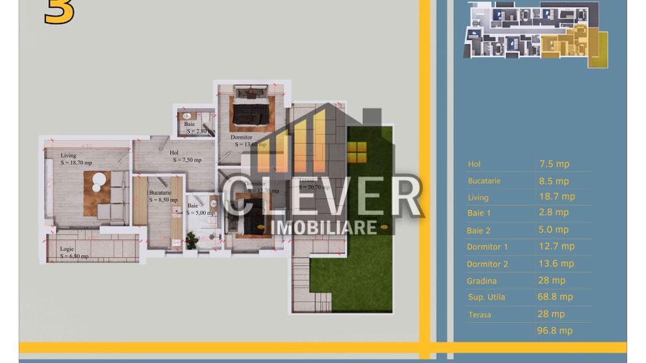 Ap 3 cam cu terasa si gradina, zona Pallady, metrou Teclu - Schiță 1