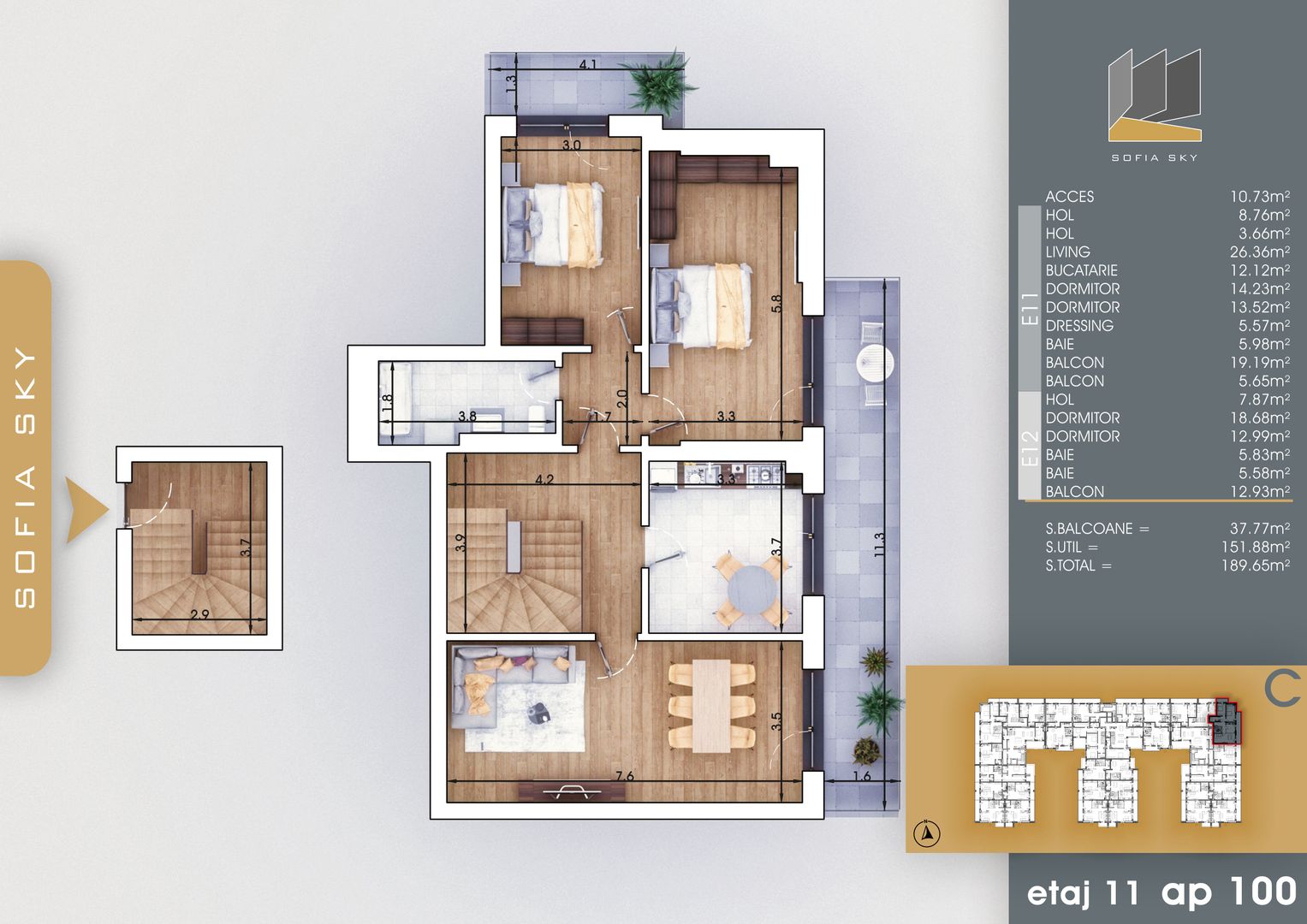 5 camere Duplex dressing 3 balcoane 7minute M Nicolae Teclu - Schiță 11