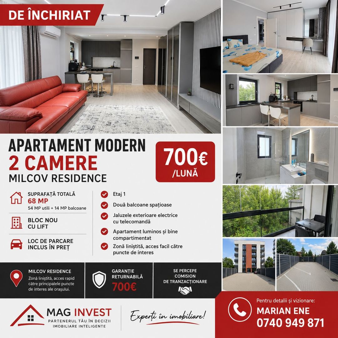 De inchiriat apartament cu 2 camere, Milcov Residence, et. 1, 700 euro - Poză 1