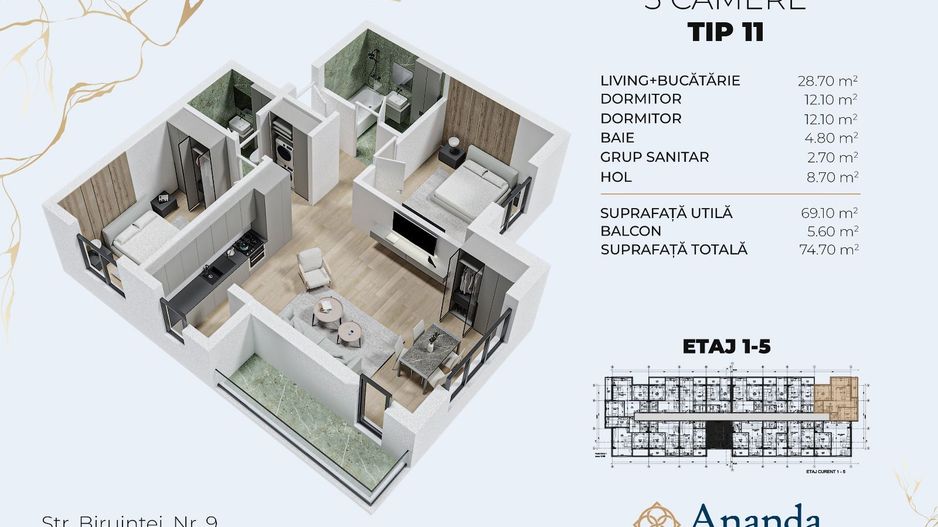 Ap 3 camere, decomandat,  spatios, ideal locuința, direct dezvoltator - Poză 11