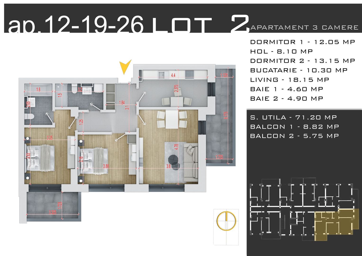 3 camere -parcare inclusa - proiect nou -Pallady - Schiță 14