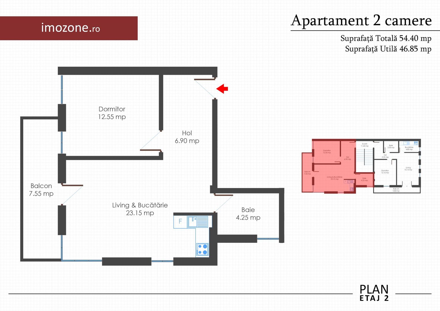 Apartament 2 camere, bloc nou, finisat la cheie, centrala termica individuala - Schiță 6