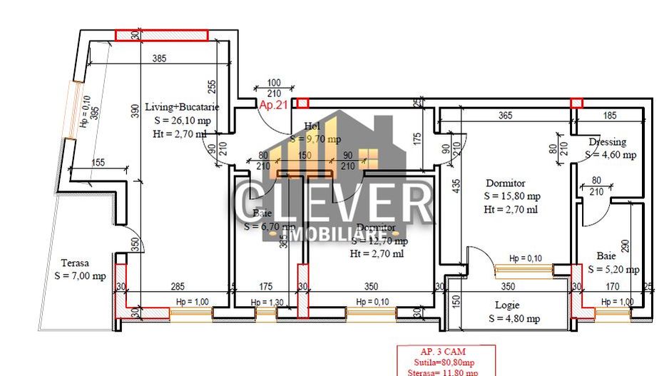 Ap 3 Camere | 92.6 mp | 2 balcoane  | Comision 0% | Pallady - Schiță 12