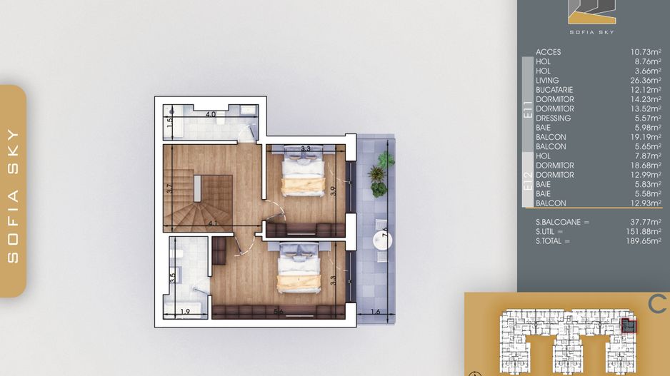 5 camere Duplex dressing 3 balcoane 7minute M Nicolae Teclu - Schiță 13