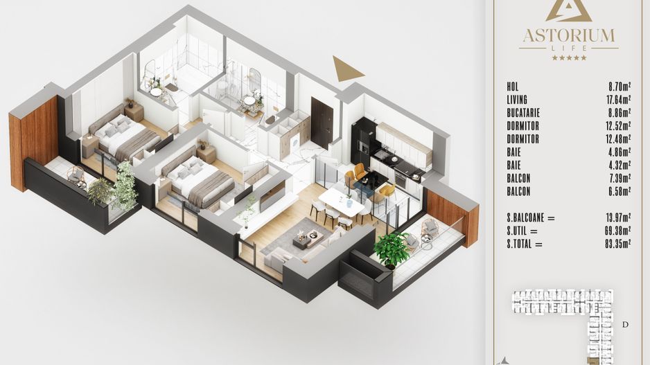 3 camere izolatie fonica proiect premium Titan Pallady - Schiță 1