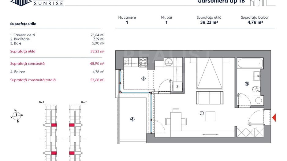 Vânzare, garsonieră, 1 cameră tip 1B, HILS Sunrise, București - Poză 3