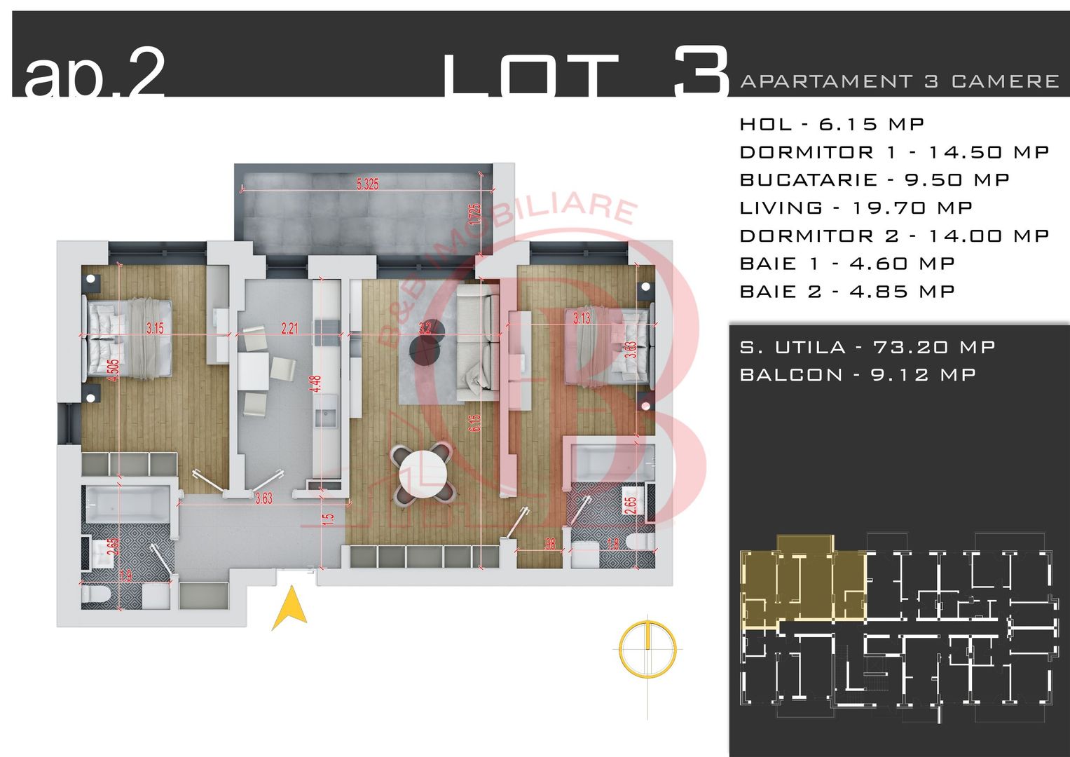 Apartament Decomandat 3 Camere-Theodor Pallady-Comision 0% - Schiță 14
