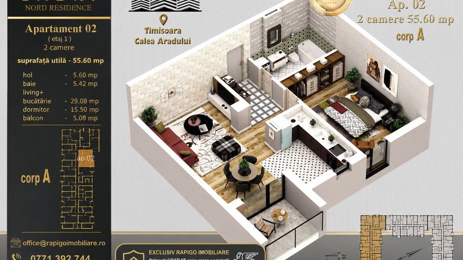 Apartament 02A, Corp A – 2 camere | 55,60 mp | Jabri Nord Residence - Poză 1