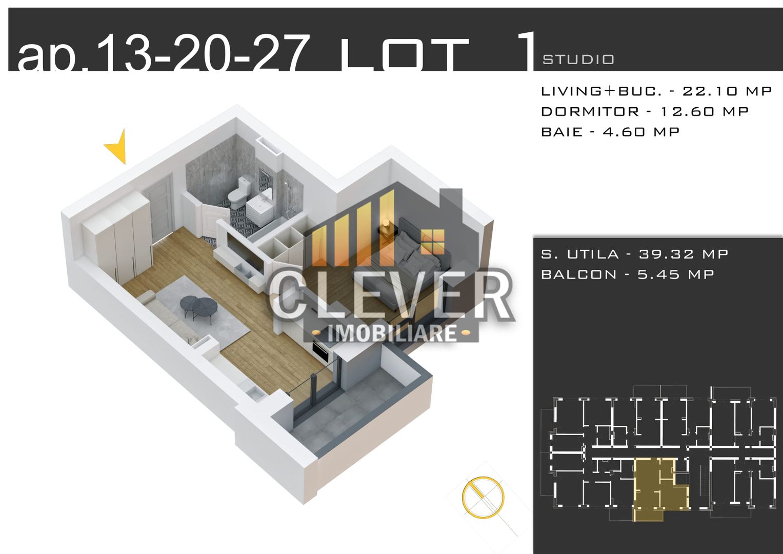 Studio cu Încălzire în Pardoseală și Parcare GRATUITĂ în Sector 3 - Schiță 9