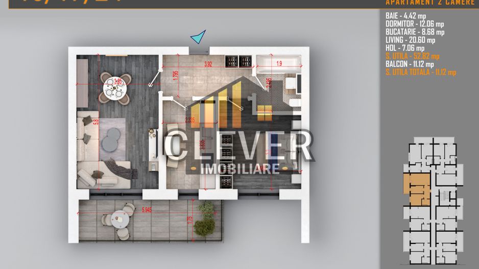 Ap 2 Camere | 63 mp Total | Balcon 10,47 mp | Comision 0% - metrou Teclu - Schiță 1