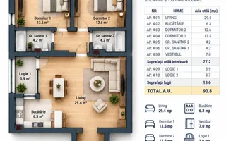VANZARE APARTAMENT 3 CAMERE | LIZEANU | BLOC NOU | PARCARE | TERASA - Schiță 31