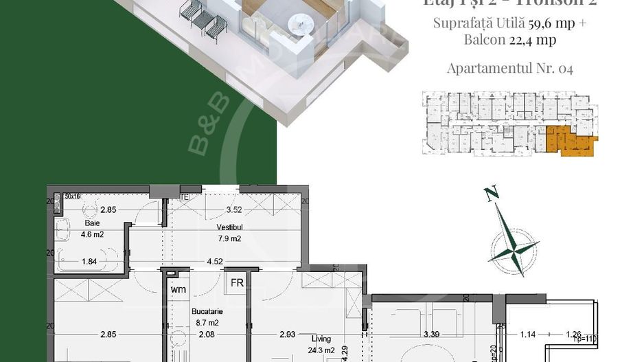 Apartament 2 camere Living generos cu Dining-Theodor Pallady - Schiță 6