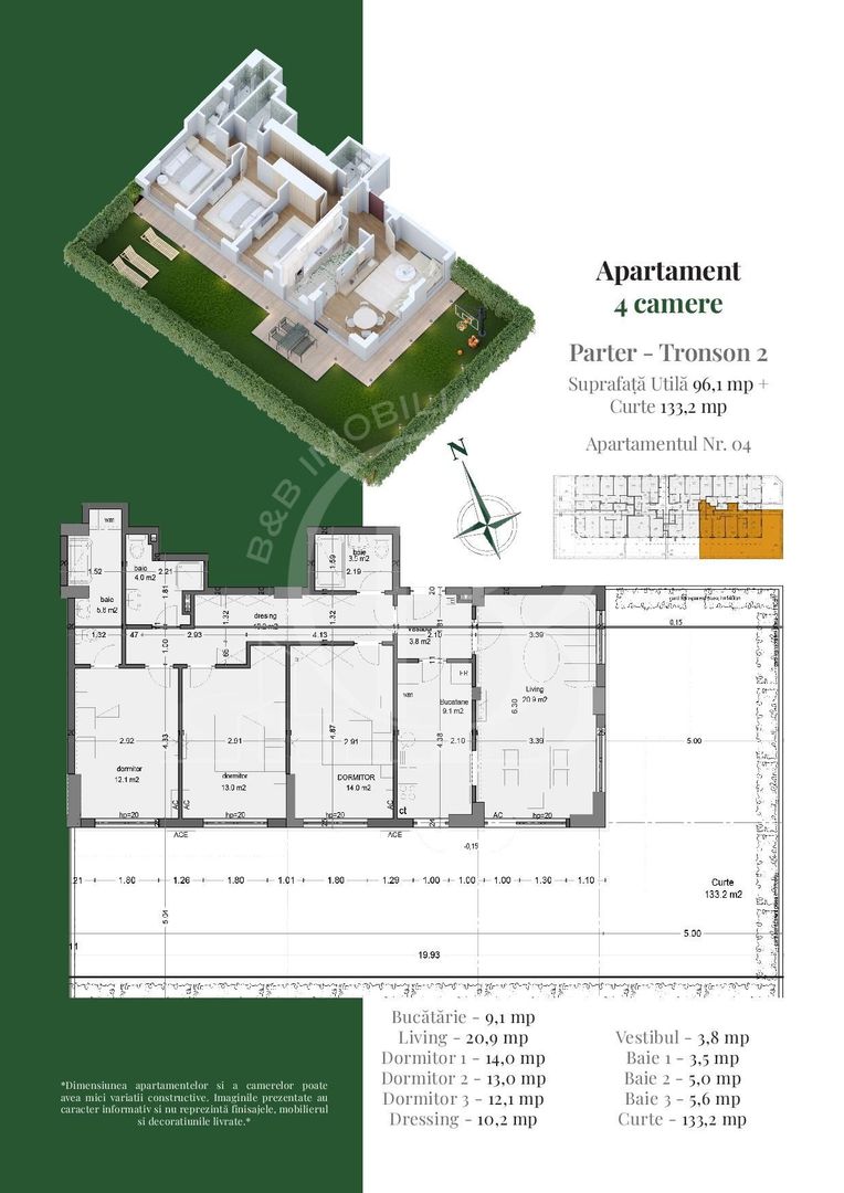 Apartament 4 camere | Gradina Proprie 133mp | Metrou Teclu - Schiță 1