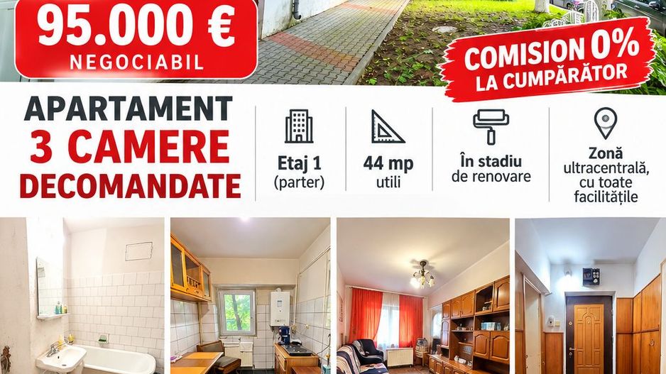 Apartament cu 3 camere, etaj 1 (parter cu demisol), VASLUI zona CENTRU; - Poză 1