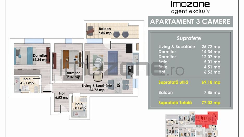 3 Camere | Militari Pacii | Bloc Nou | 2 Bai | Living Spatios | 77 mp | Balcon - Poză 8