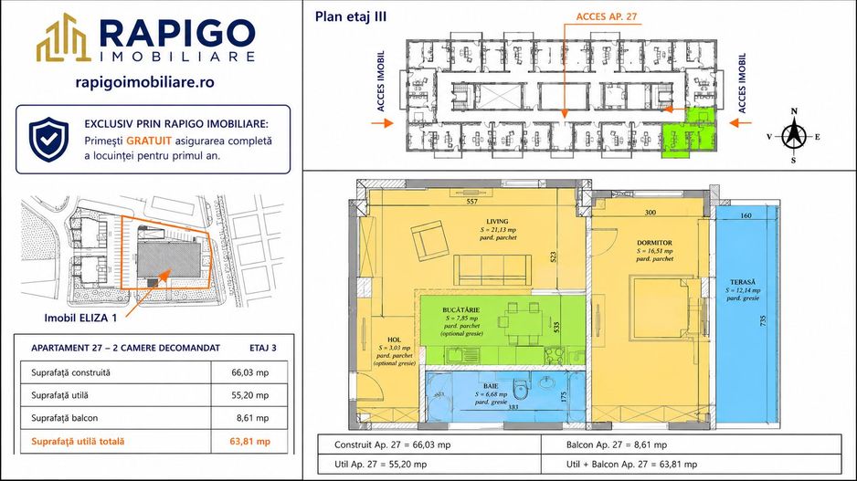Apartamentul nr. 27 | 2 camere decomandat | Etaj 3 | Terasă 12,14 mp | - Poză 1