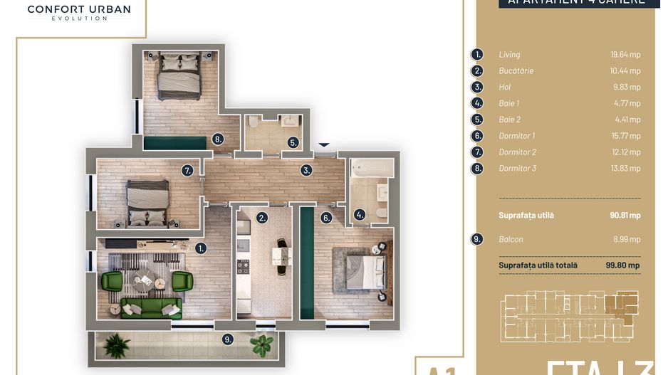 Apartament 4 camere, decomandat, ansamblu GREEN, Targ Pucheni - Poză 8