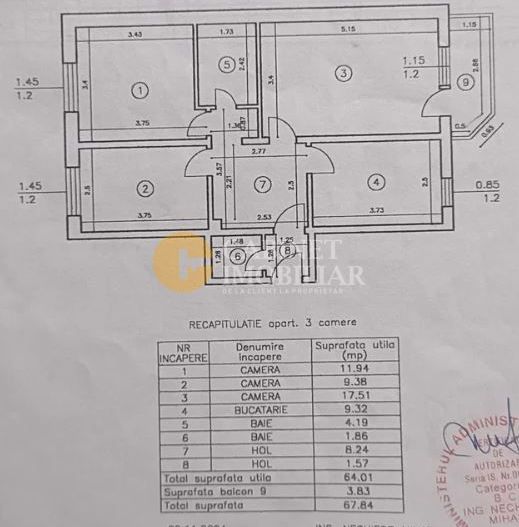 Pacurari-Canta Apartament 3 camere decomandat- 2 bai - Schiță 9