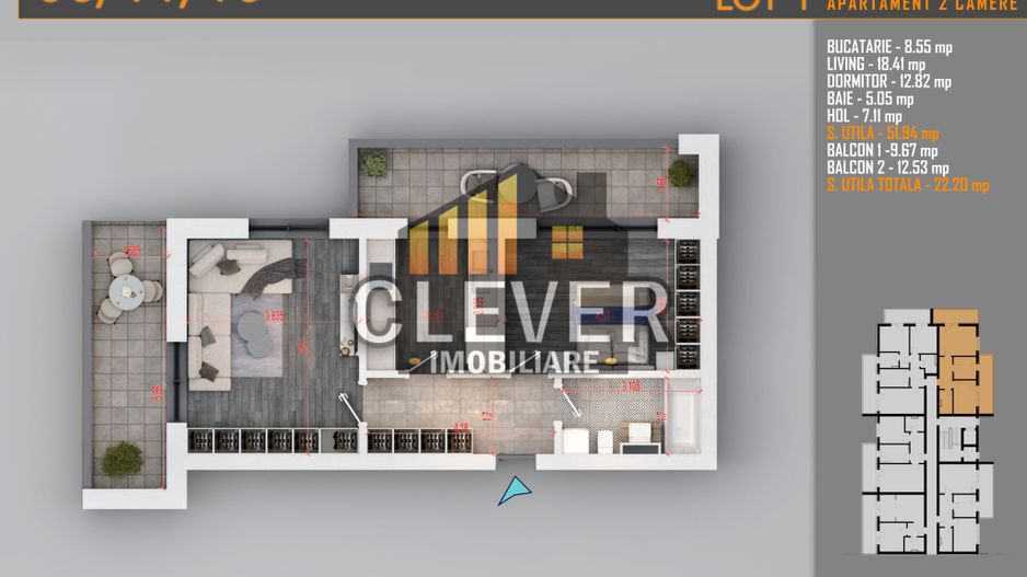 2 Camere, 75,6 mp | 2 Terase 23,7 mp | Pallady | Comision 0% - Poză 2