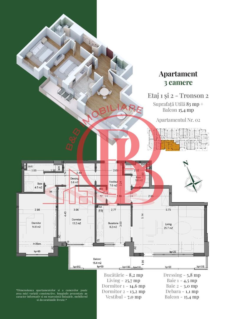 Apartament 3 camere Living 25mp Dressing Th. Pallady Metrou Teclu - Schiță 3