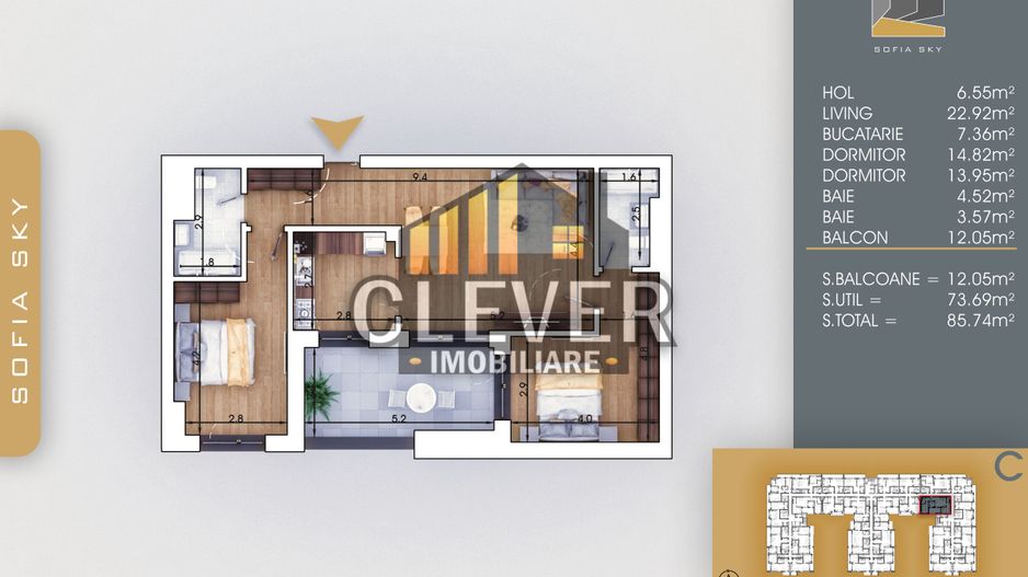 Apartament 3 Camere Finalizat, Pallady - metrou Teclu - Schiță 6