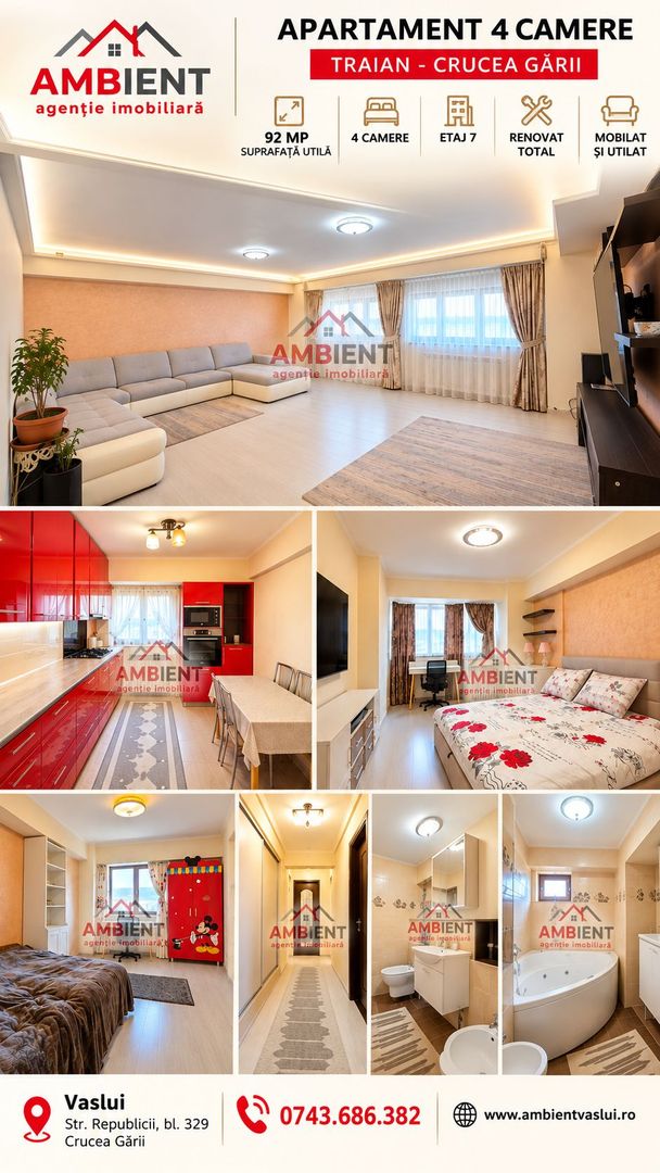 Apartament 4 camere, recompartimentat, mobilat și utilat, VASLUI - zona TRAIAN - Poză 1