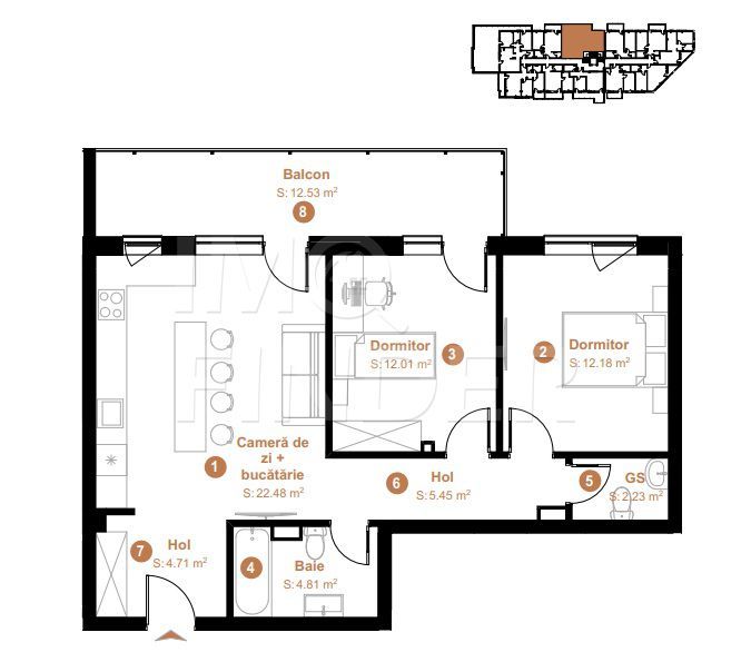 Apartament 3  camere, 64 mp, zona VIVO, semifinisat - Poză 2