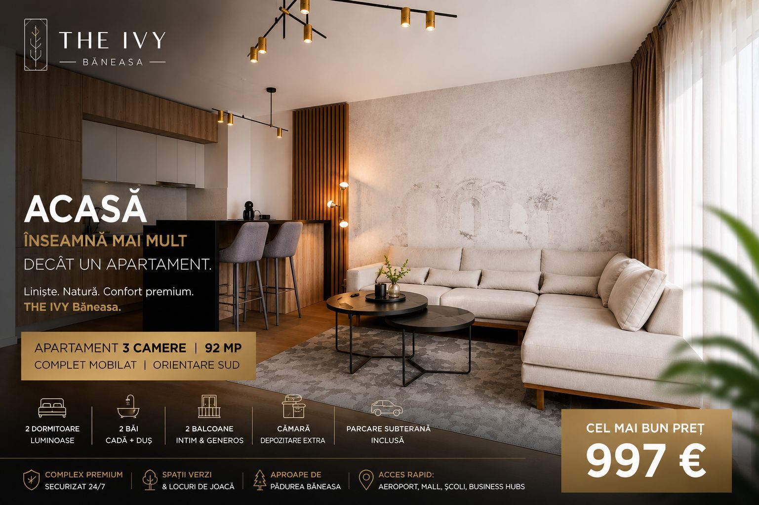 THE IVY Băneasa | 3 Camere | 92 mp | Parcare Inclusă | Complex Premium - Poză 1