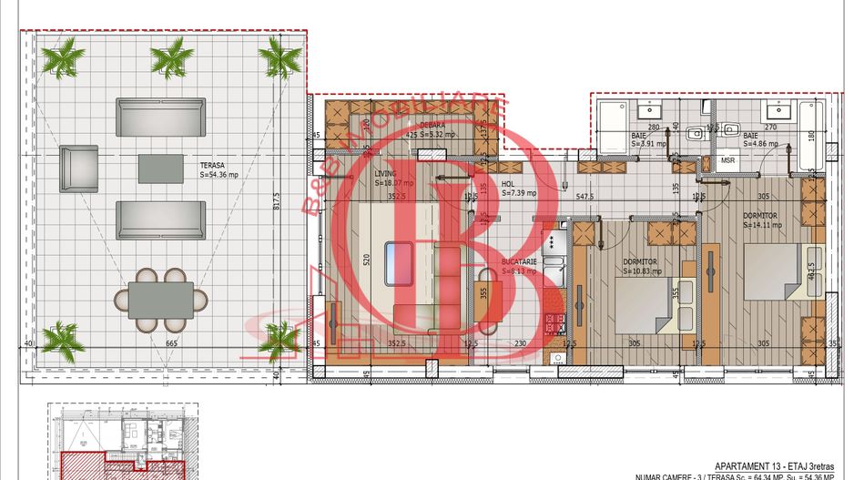 Apartament 3 camere decomandate cu Terasa Comision 0 - Schiță 14