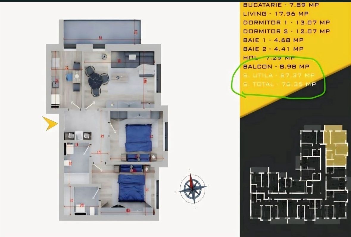 AP. 3 CAMERE THEODOR PALLADY, LOC PARCARE, FINALIZAT, COMISION 0% - Schiță 4