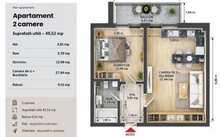 Apartament 2 camere, 2026, etaj 2, balcon  – Tractorul / Coresi - Poză 2