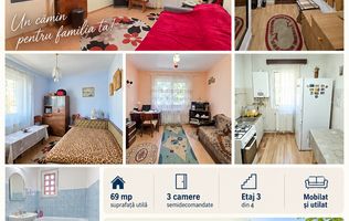 Apartament cu 3 camere, etaj 3, mobilat și utilat, zona DONICI;