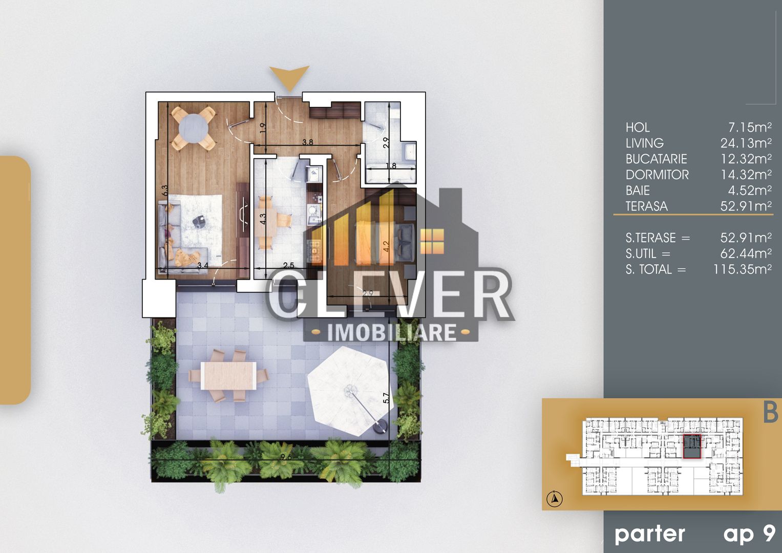 2 cam cu terasă mare PARCARE GRATIS, living 24m²,  8 min metrou Teclu - Poză 1