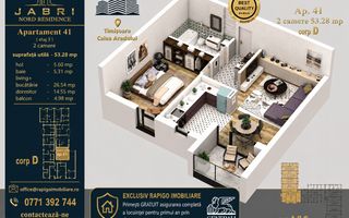 Apartament 41, Corp D – 2 camere | 53,28 mp | Etaj 3 | Jabri Nord Resi - Poză 1