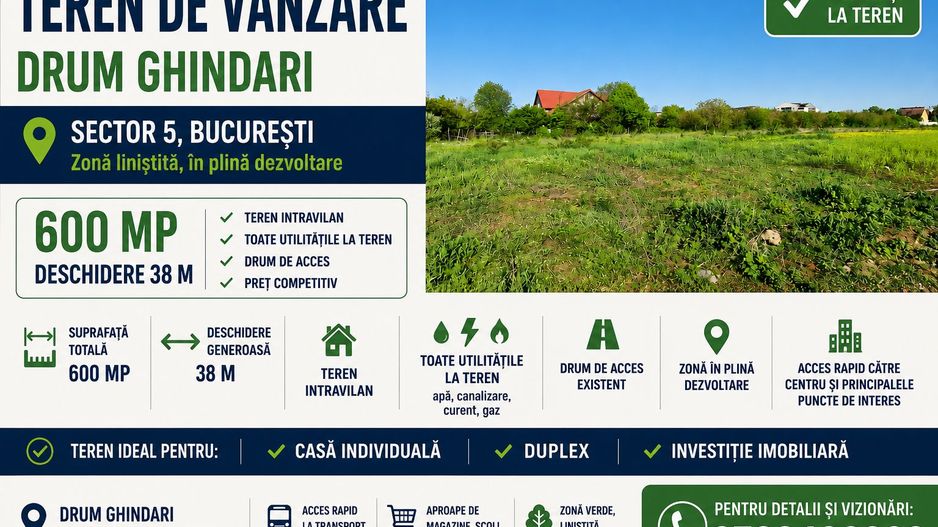 Teren Ideal Casă sau Duplex | 600 mp | Deschidere 38 m | Sector 5 - Poză 1
