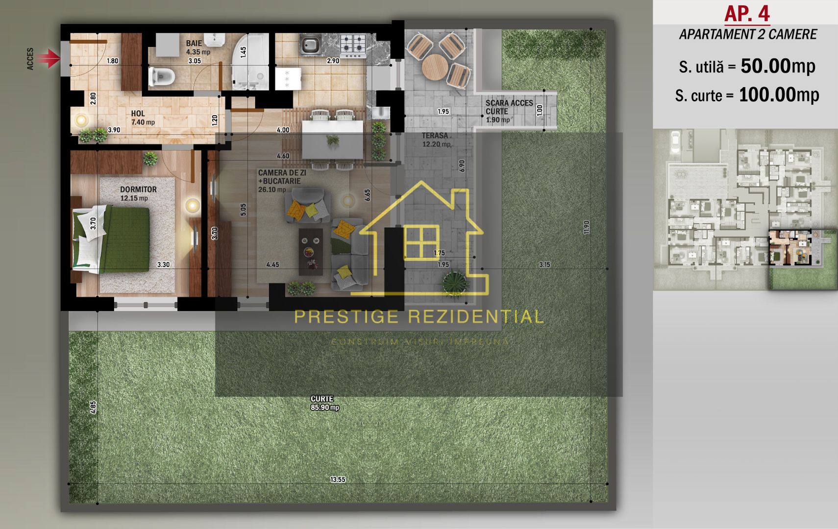 Ap 2 Camere Decomandata,Curte 100 mp,Nicolae Grigorescu-Metrou - Schiță 3